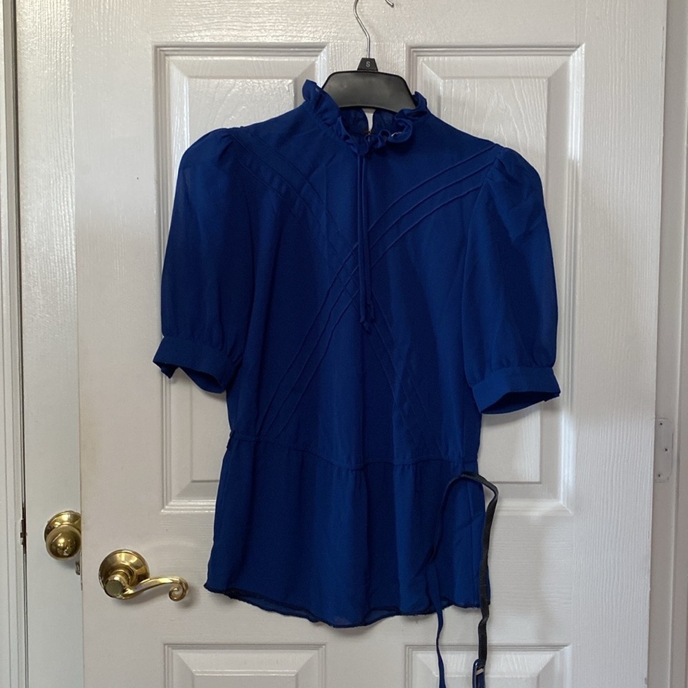 VTG 70’s Navy Blue Sheer Puff Sleeve Blouse with matching belt Tie front